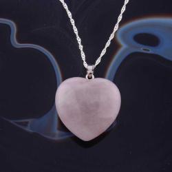 Pembe Kuvars Doğal Taş Kalpli Kolye Ucu - M388  50 cm