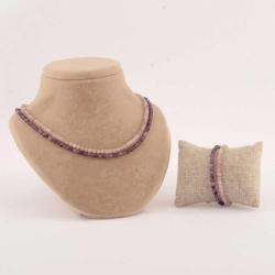 Pembe Kuvars - Ametist Doğal Taş Kolye - Bileklik Takımı  TS018 51 cm 18-19cm