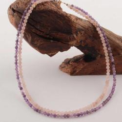 Pembe Kuvars - Ametist Doğal Taş Kolye - Bileklik Takımı  TS018 45 cm 18-19cm