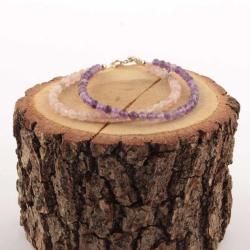 Pembe Kuvars - Ametist Doğal Taş Kolye - Bileklik Takımı  TS018 45 cm 18-19cm