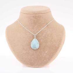 Akuamarin Taşı Doğal Taş Kolye Ucu 3 cm - Gümüş Zincirle birlikte M016  45 cm