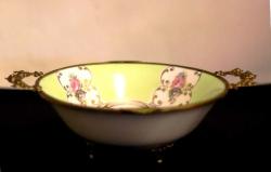 Limoges imzalı el boyaması kenarı bronz geçmeli kulplu porselen çukur meyve tabağı Ç:24cm