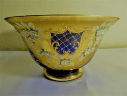 Altın yaldız ve mine işlemeli Bohem lacivert el boyaması meyvelik Y:14cm. Ağız çapı 24cm.