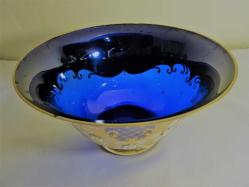 Altın yaldız ve mine işlemeli Bohem lacivert el boyaması meyvelik Y:14cm. Ağız çapı 24cm.