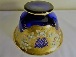 Altın yaldız ve mine işlemeli Bohem lacivert el boyaması meyvelik Y:14cm. Ağız çapı 24cm.