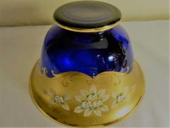 Altın yaldız ve mine işlemeli Bohem lacivert el boyaması meyvelik Y:14cm. Ağız çapı 24cm.