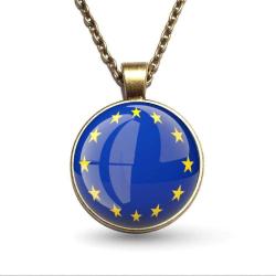 Avrupa Birliği Metal Kolye European Union Bayrağı Yuvarlak Camlı Bayrak AB Kolye Zincir