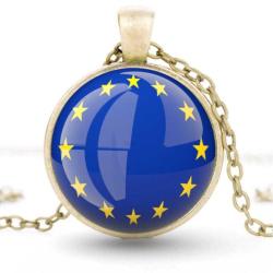 Avrupa Birliği Metal Kolye European Union Bayrağı Yuvarlak Camlı Bayrak AB Kolye Zincir
