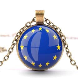Avrupa Birliği Metal Kolye European Union Bayrağı Yuvarlak Camlı Bayrak AB Kolye Zincir