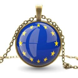 Avrupa Birliği Metal Kolye European Union Bayrağı Yuvarlak Camlı Bayrak AB Kolye Zincir