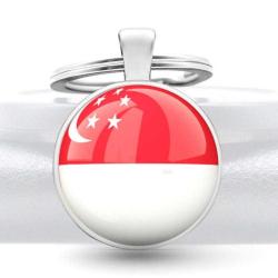 Singapur Bayrak Anahtarlık Singapore Ay Yıldız Metal 3d Büyüteçli Cam Yuvarlak Metal