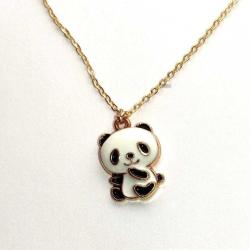 Sevimli Mini Panda Kolye İnce Altın Renk Zincir Siyah Beyaz Mineli Kolye Ucu