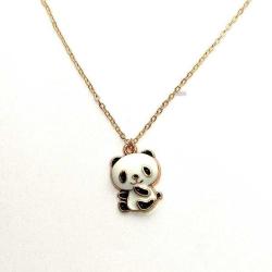 Sevimli Mini Panda Kolye İnce Altın Renk Zincir Siyah Beyaz Mineli Kolye Ucu