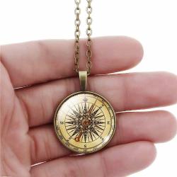 Pusulalı Büyüteç Cam Kolye Vintage Bronz Renk Zincir Kadın Erkek Retro Şans Yön Pusula Kolyesi