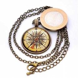 Pusulalı Büyüteç Cam Kolye Vintage Bronz Renk Zincir Kadın Erkek Retro Şans Yön Pusula Kolyesi