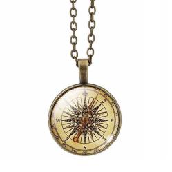 Pusulalı Büyüteç Cam Kolye Vintage Bronz Renk Zincir Kadın Erkek Retro Şans Yön Pusula Kolyesi