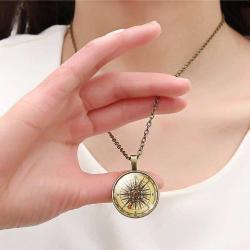 Pusulalı Büyüteç Cam Kolye Vintage Bronz Renk Zincir Kadın Erkek Retro Şans Yön Pusula Kolyesi