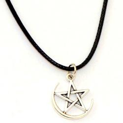 Antika - Ay Yıldız Kolye Gümüş Renk Metal Dolunay Içinde Pentagram Yıldızı Deri Kayış - kitantik - kitaLog