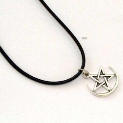 Ay Yıldız Kolye Gümüş Renk Metal Dolunay Içinde Pentagram Yıldızı Deri Kayış