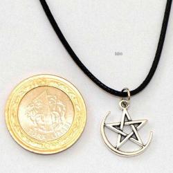 Ay Yıldız Kolye Gümüş Renk Metal Dolunay Içinde Pentagram Yıldızı Deri Kayış