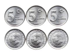 5 Yeni Kuruş 6 Adet lik Para Lotu 2005 - 2009 Arası Beş Yeni Kuruşluk 6'lı Para Lot Madeni Türk Lira