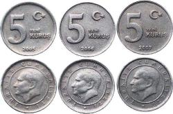 5 Yeni Kuruş 6 Adet lik Para Lotu 2005 - 2009 Arası Beş Yeni Kuruşluk 6'lı Para Lot Madeni Türk Lira