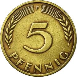 5 Pfennig Almanya 1949 - 92 Arası Orjinal Para DEUTSCHELAND Germany Fenik Sarı Pirinç Pfennig Parası