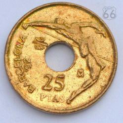 Orjinal Ortası Delik Para İspanya 25 Ptas Barcelona Juan Carlos Yakın Tarihli Pesetas Madeni Sikke