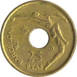 Orjinal Ortası Delik Para İspanya 25 Ptas Barcelona Juan Carlos Yakın Tarihli Pesetas Madeni Sikke