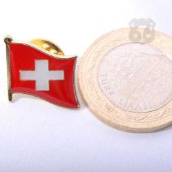 Swiss İsviçre Bayrağı İğneli Ufak Yaka Rozeti Şık Tasarım Altın Renk Zeminli Bay Bayan Parlak Rozet