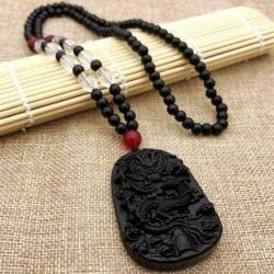 El oyma Dragon Ejderha Yeni model Motifli Doğal Obsidyen Taşı Bay/Bayan Kolye.Koruyucu bir taştır.Kötü enerjiyi uzaklaştırır.