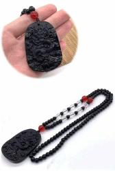 El oyma Dragon Ejderha Yeni model Motifli Doğal Obsidyen Taşı Bay/Bayan Kolye.Koruyucu bir taştır.Kötü enerjiyi uzaklaştırır.