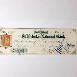 1872 Yılı Amerika Newyork 3.924 Dolarlık Çek yaprağı Orjinal ve Lokomotif Fiskal Pullu