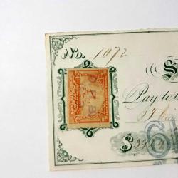 1872 Yılı Amerika Newyork 3.924 Dolarlık Çek yaprağı Orjinal ve Lokomotif Fiskal Pullu