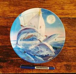 Sanatçı İmzalı,İngiliz,Coalport Yunusbalıkli Duvar Tabağı(Çap:20cm) (Midnight,Day Of The Dolphin)
