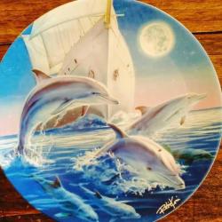 Sanatçı İmzalı,İngiliz,Coalport Yunusbalıkli Duvar Tabağı(Çap:20cm) (Midnight,Day Of The Dolphin)