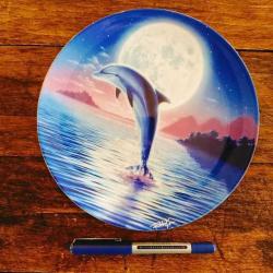 Sanatçı İmzalı,İngiliz,Coalport Yunusbalıkli Duvar Tabağı(Çap:20cm) (Midnight,Day Of The Dolphin)