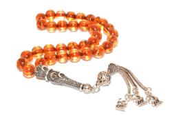 HAKİKİ KÜRE KESİM SERTİFİKALI ORİJİNAL DAMLA KEHRİBAR TESBİH 12 GR 925 AYAR GÜMÜŞ PÜSKÜLLÜ