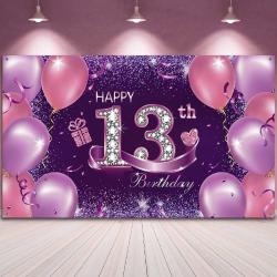 Antika - Happy Birthday Party Decorations, Large Fabric Pink Purple Happy 13th Anniversary Birthday Sign Bann - kitantik - kitaLog