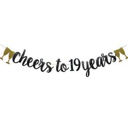 Antika - Cheers To 19 Years Banner Black Paper Glitter Party Decorations For 19TH Wedding Anniversary 19 Year - kitantik - kitaLog