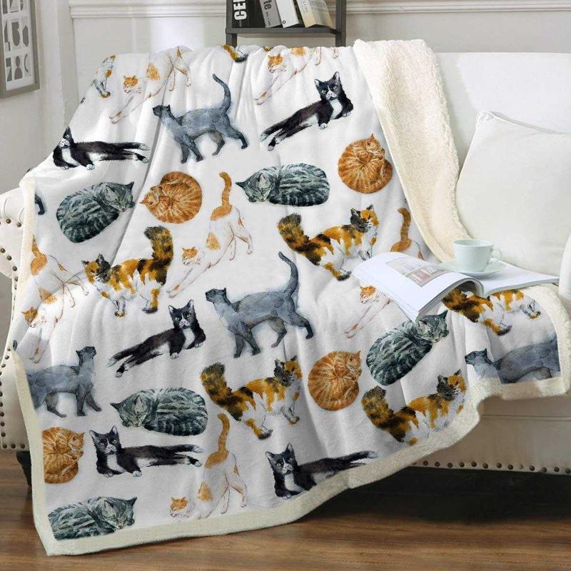 Antika - Sleepwish Cat Fleece Throw Blanket Hipster Cats Pattern