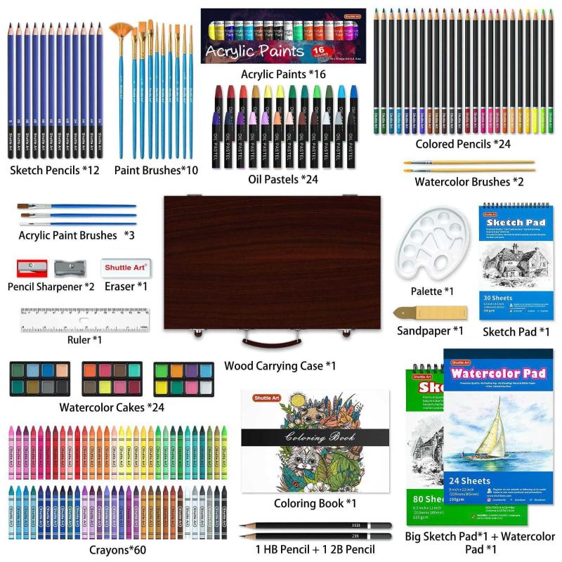 186 Piece Deluxe Art Set, Shuttle Art Art Supplies in Wooden Case