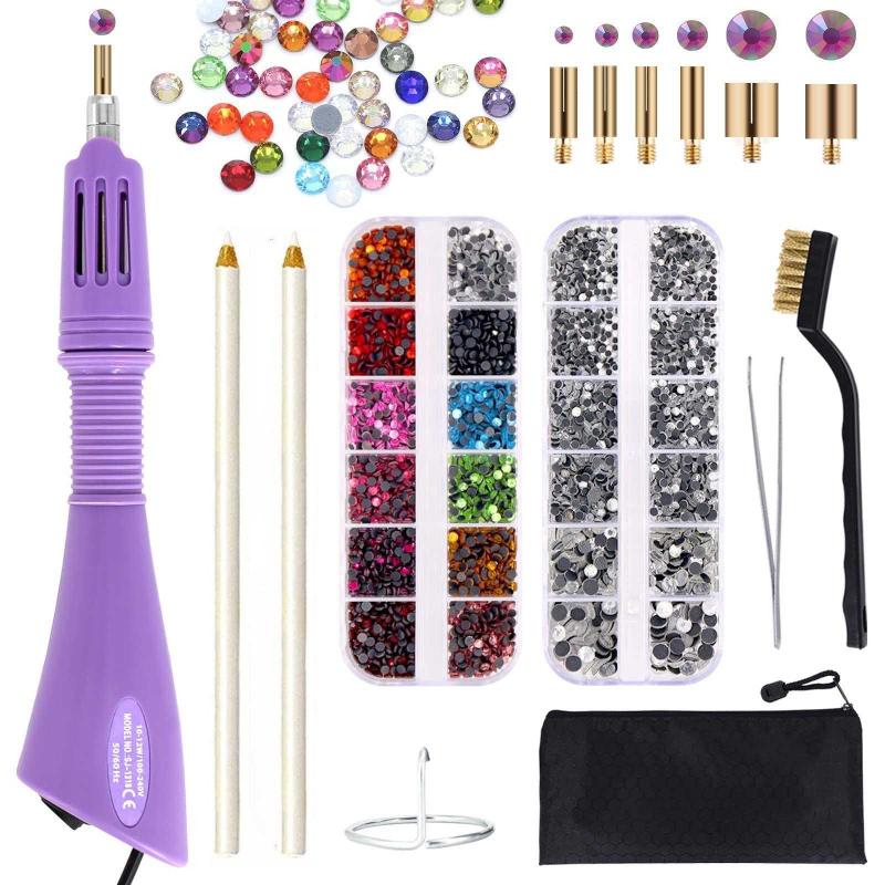 Hotfix Applicator, DIY Rhinestone Wand Setter Tool Kit Include 7 Different  Sizes Tips, Tweezers & Brush Cleaning kit, 2 Pencils, and Hot-Fix Crystal  Rhinestones (10 Colors Rhinestone) (Purple)