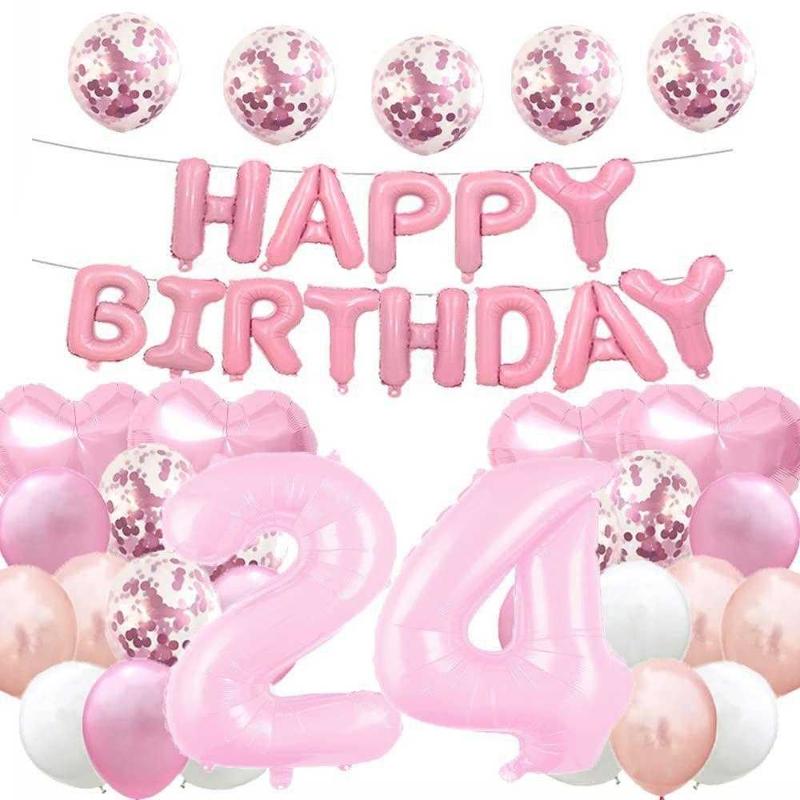 NANINUNENO 24th Birthday Decorations for Women, Pink 24 Happy Birthday  Balloons Supplies Including Pink Happy Birthday Banner, Hot Pink 24 Number