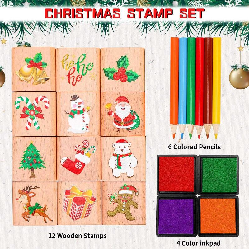 Wooden Rubber Stamp with Ink Pad Colored Pencil Holiday Square Craft Stamp for Stamping Scrapbooking Crafting Booking Card Making Stocking Filler,Christmas Favor Gift Zayvor Christmas Stamps Set 