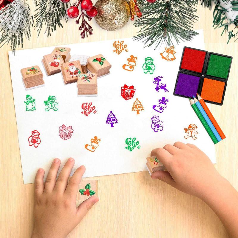 Zayvor Christmas Stamps Set Holiday Square Craft Stamp for Stamping Scrapbooking Crafting Booking Card Making Stocking Filler,Christmas Favor Gift Wooden Rubber Stamp with Ink Pad Colored Pencil 