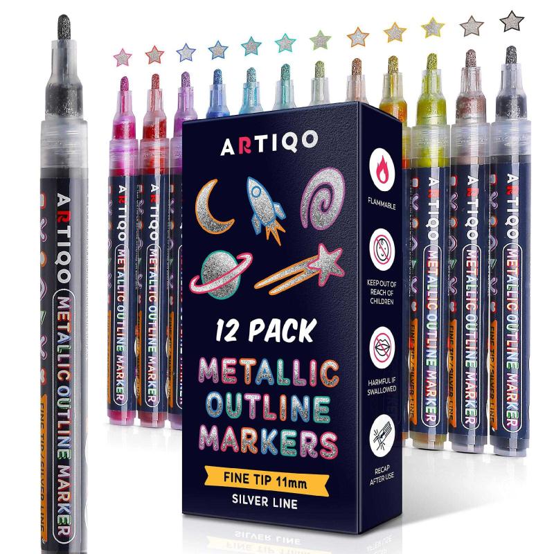 Antika - 12 Color Doodle Dazzles Shimmer Marker Set - Fine Tip Self Silver  Metallic Outline Markers Paint