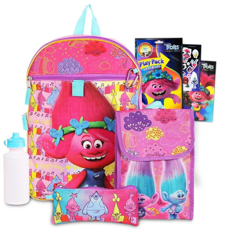 Trolls World Tour School Backpack Set For Girls ~ 5 Pc Bundle With 16  Poppy Trolls School Bag, Lunch Box, School Supplies Set, Stickers, and More