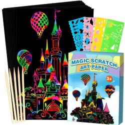 Rainbow Black Scratch Paper w/ Drawing Stencils & Wooden Stylus (59 Pcs)