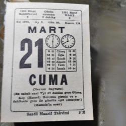 21 MART 1975  SAATLİ MAARİF TAKVİM YAPRAĞI